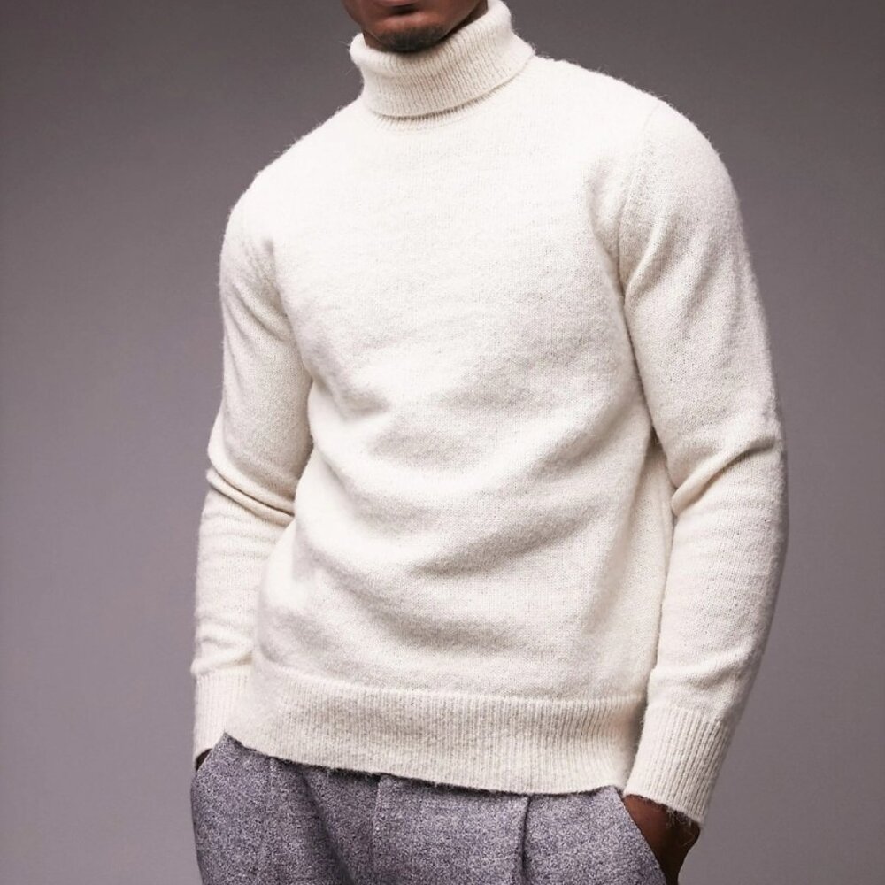 Topman Fluffy Rolled Turtleneck Sweater, Men's XS, Cream Color